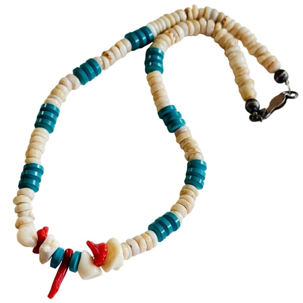 VTG Native American Turquoise Coral‎ Necklace Navajo Pearl Heishi Beads Sterling